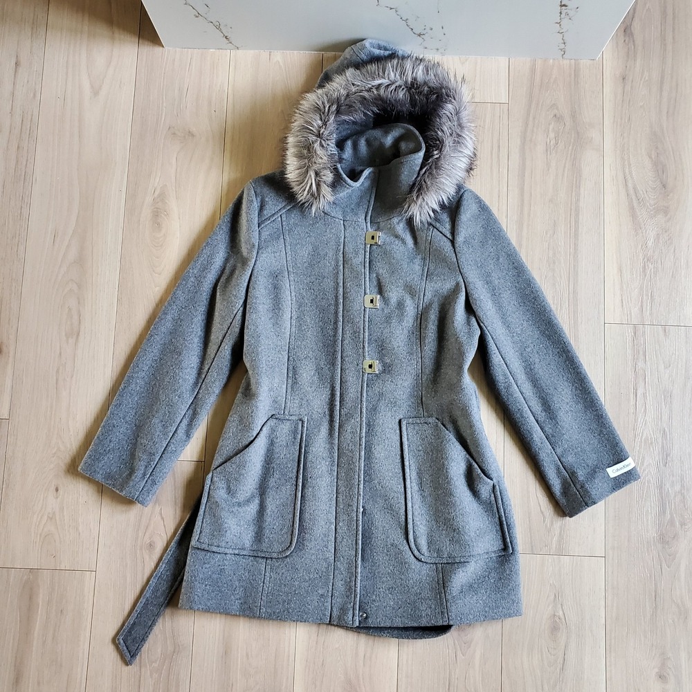 Calvin Klein Hooded Coat Womens 16 Gray Wool Blend Belted Faux Fur Trim Winter